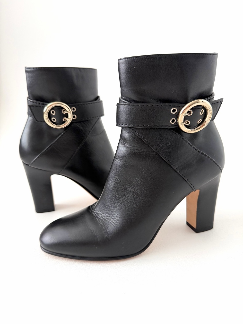 JIMMY CHOO | Black Leather Wrap Buckle Ankle Boots Blanka 85 EU 37